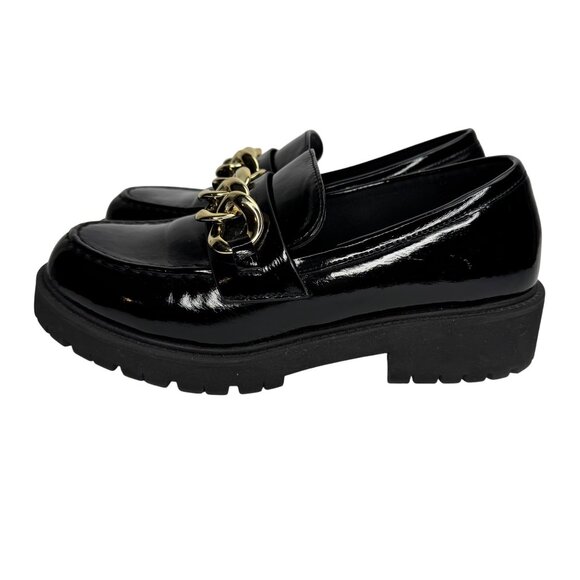 Vintage SODA Black Patent Leather Chunky Y2K Loafer Gold Chain Accent 7.5M Goth - Picture 6 of 10